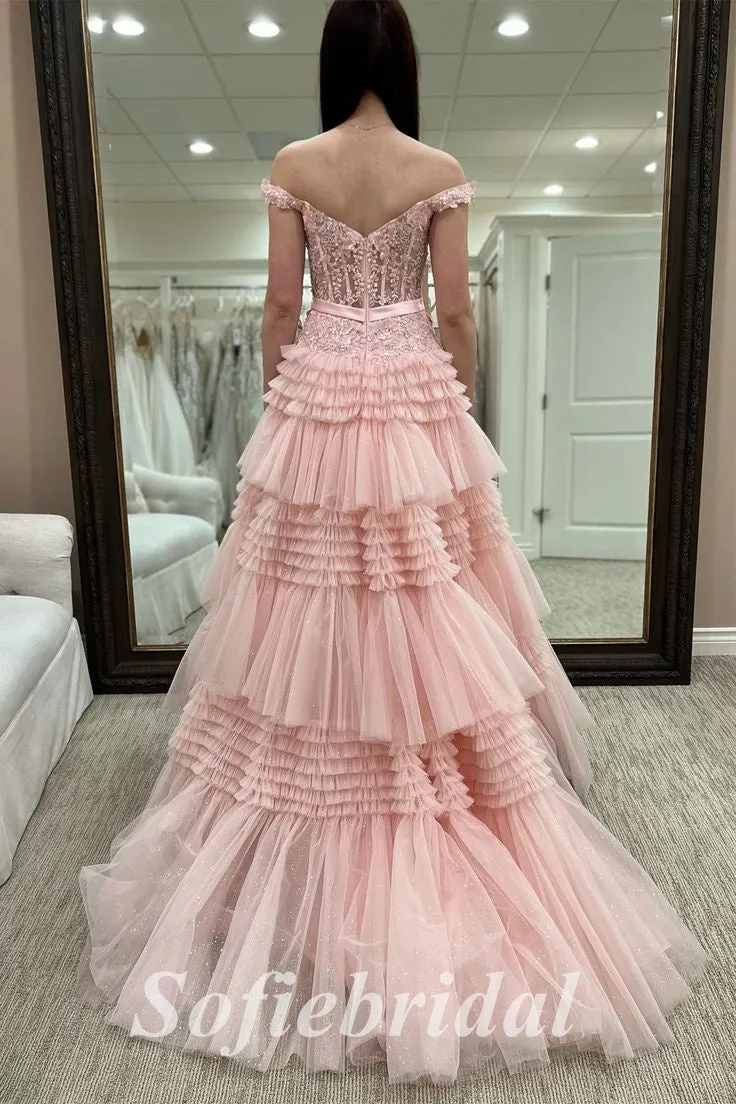 Elegant Tulle And Lace Off Shoulder sleeveless A-Line Long Prom Dresses, PD0823