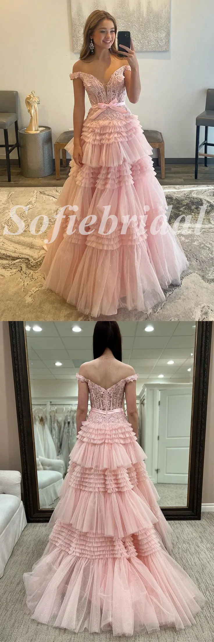 Elegant Tulle And Lace Off Shoulder sleeveless A-Line Long Prom Dresses, PD0823