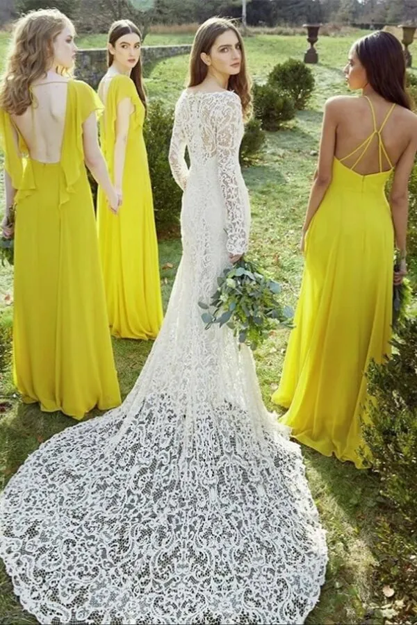 Elegant Yellow Chiffon A-line V-neck Short Sleeves Bridesmaid Dresses, BD140