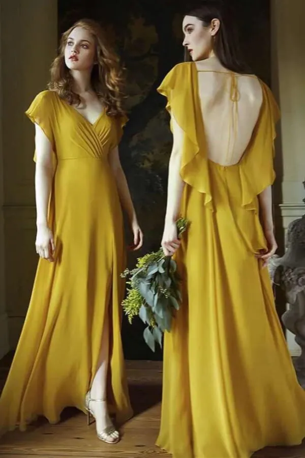 Elegant Yellow Chiffon A-line V-neck Short Sleeves Bridesmaid Dresses, BD140