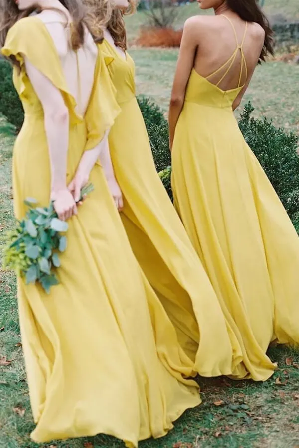 Elegant Yellow Chiffon A-line V-neck Short Sleeves Bridesmaid Dresses, BD140