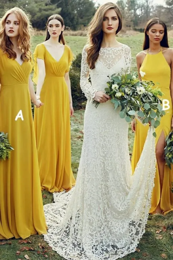 Elegant Yellow Chiffon A-line V-neck Short Sleeves Bridesmaid Dresses, BD140