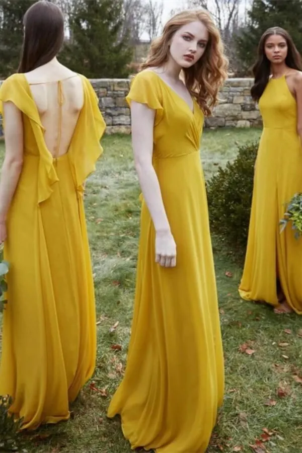 Elegant Yellow Chiffon A-line V-neck Short Sleeves Bridesmaid Dresses, BD140