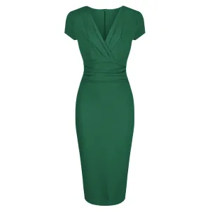 Emerald Green Deep V Neck Cap Sleeve Ruched Waist Bodycon Wiggle Dress