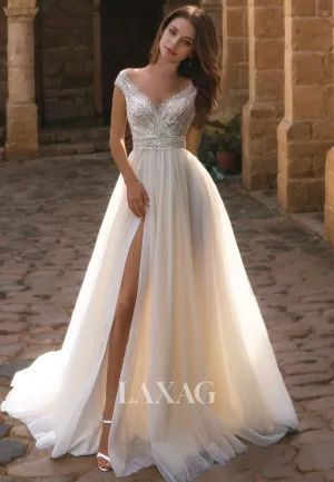 Fairytale V-Neck Sleeveless High Slit Tulle Sequin A-Line Wedding Dress