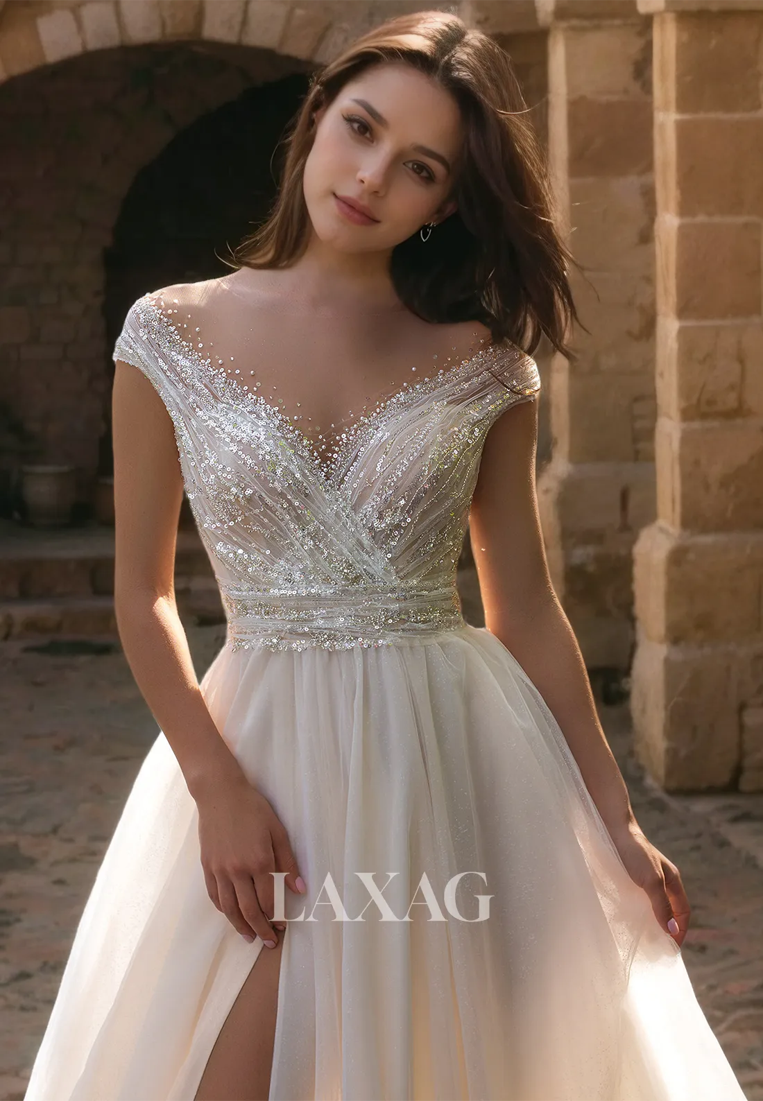 Fairytale V-Neck Sleeveless High Slit Tulle Sequin A-Line Wedding Dress