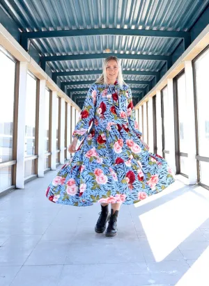 Flowy Dress Long Blue Flower