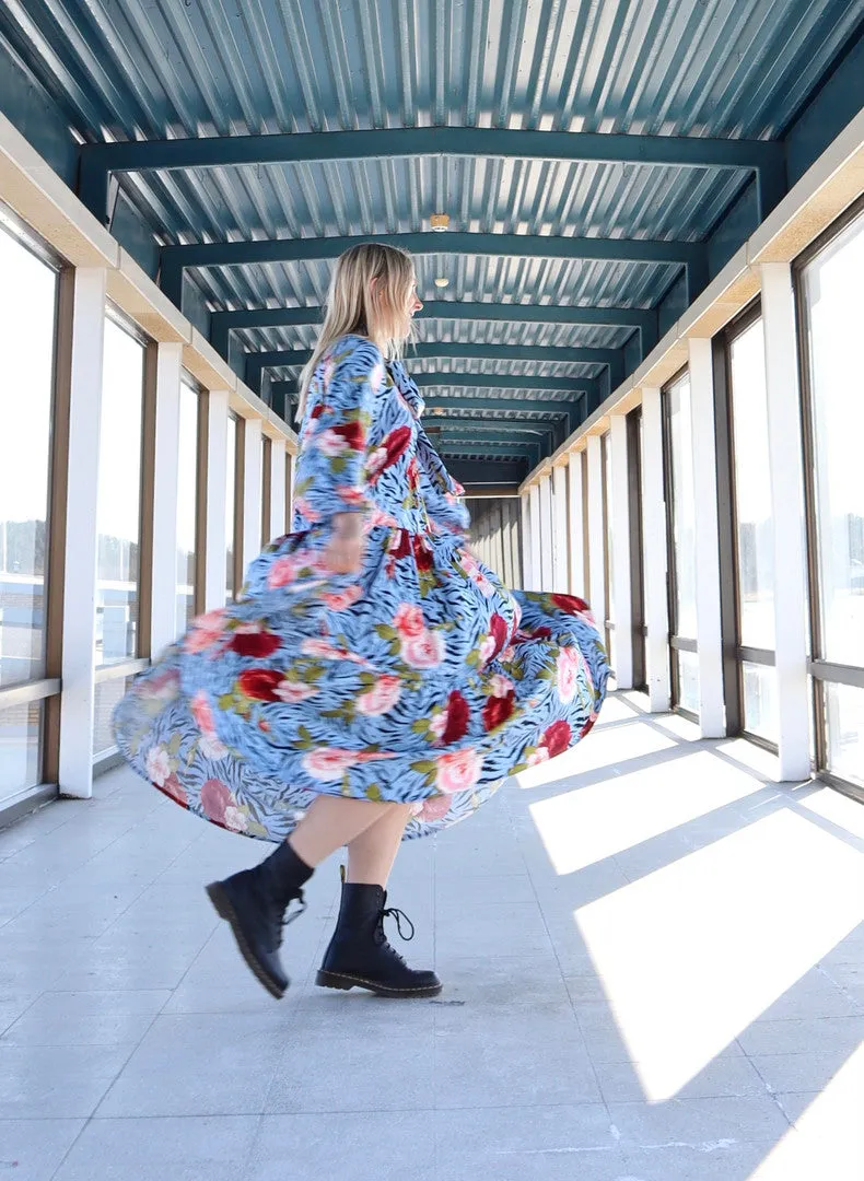 Flowy Dress Long Blue Flower