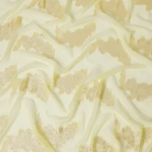 French Lemon Yellow Silk Chiffon (Fransawi) Fabric with Metallic Gold Lurex Floral Design, 110 cm Width-D19736