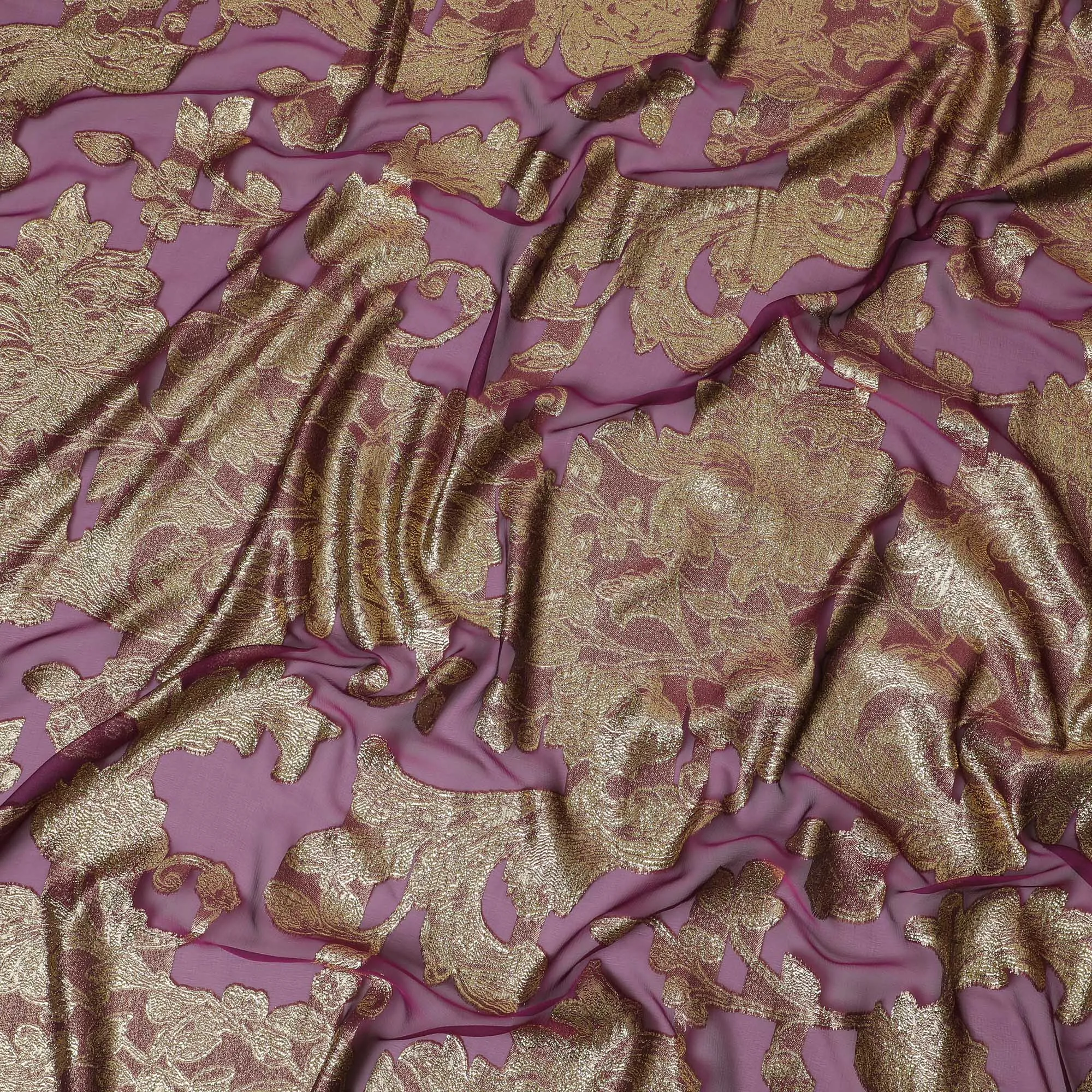 French Silk Chiffon (Fransawi) Fabric with Metallic Gold and Pink Lurex Floral Design, 140 cm Width-D19747