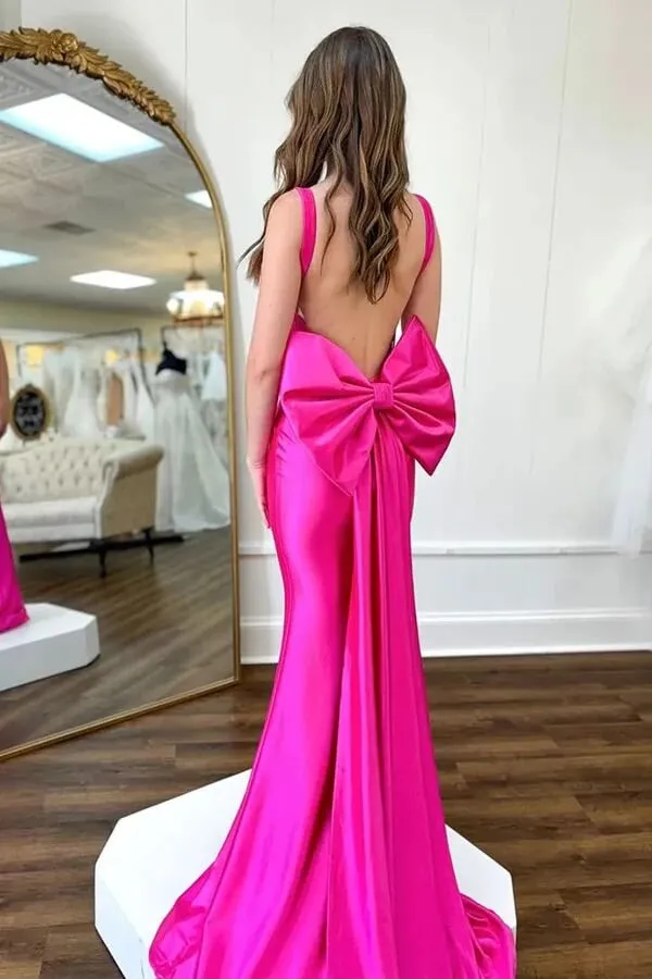 Fuchsia Satin Mermaid Spaghetti Straps Corset Prom Dresses With Bow, SLP020