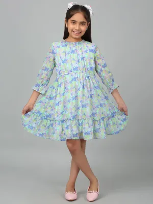 Girls Blue 3/4th Sleeves Floral Print Dress