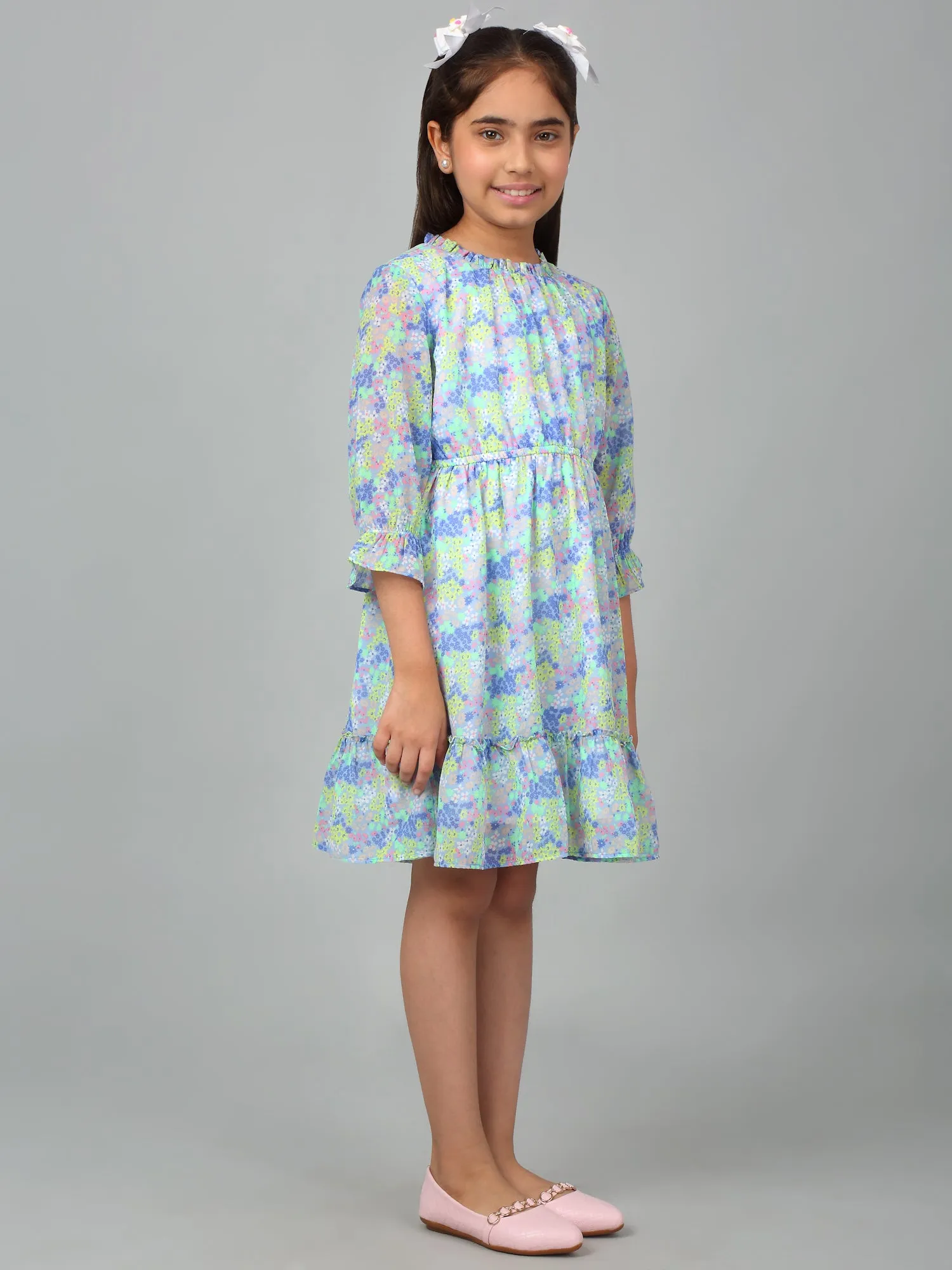 Girls Blue 3/4th Sleeves Floral Print Dress