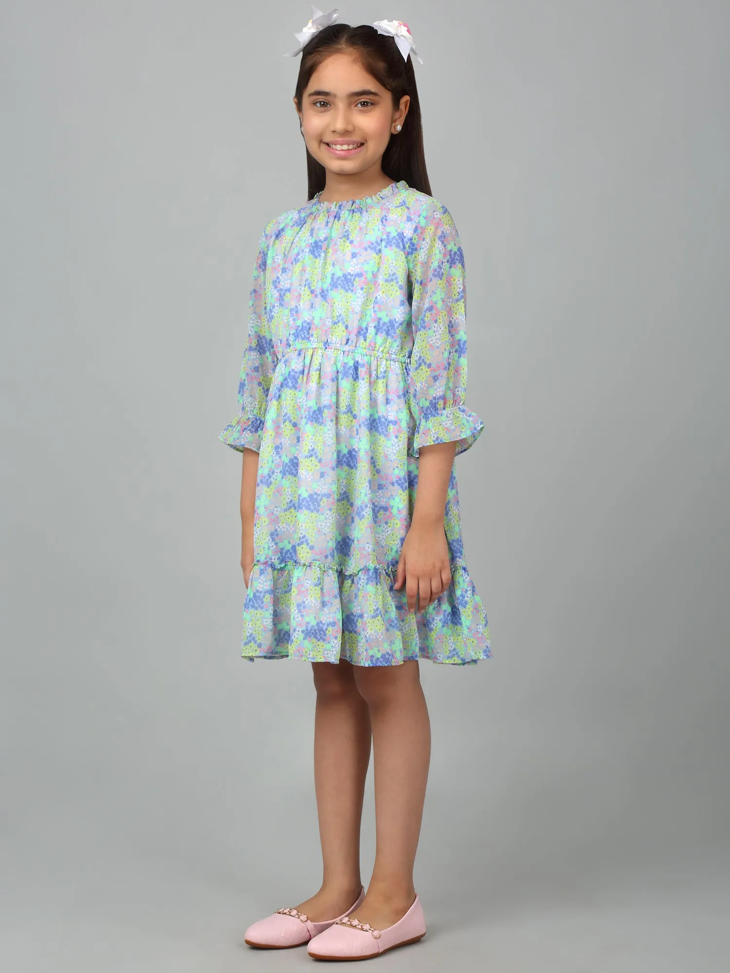 Girls Blue 3/4th Sleeves Floral Print Dress