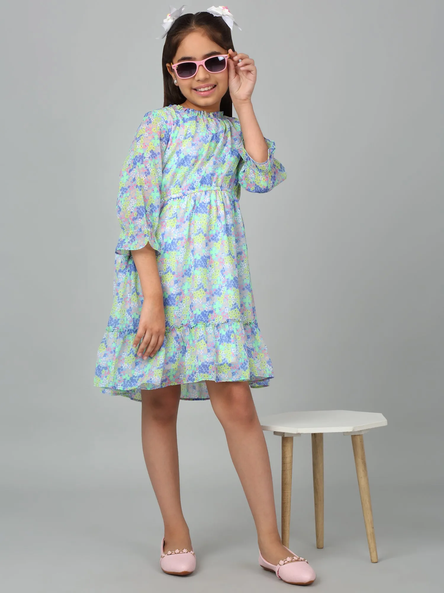 Girls Blue 3/4th Sleeves Floral Print Dress