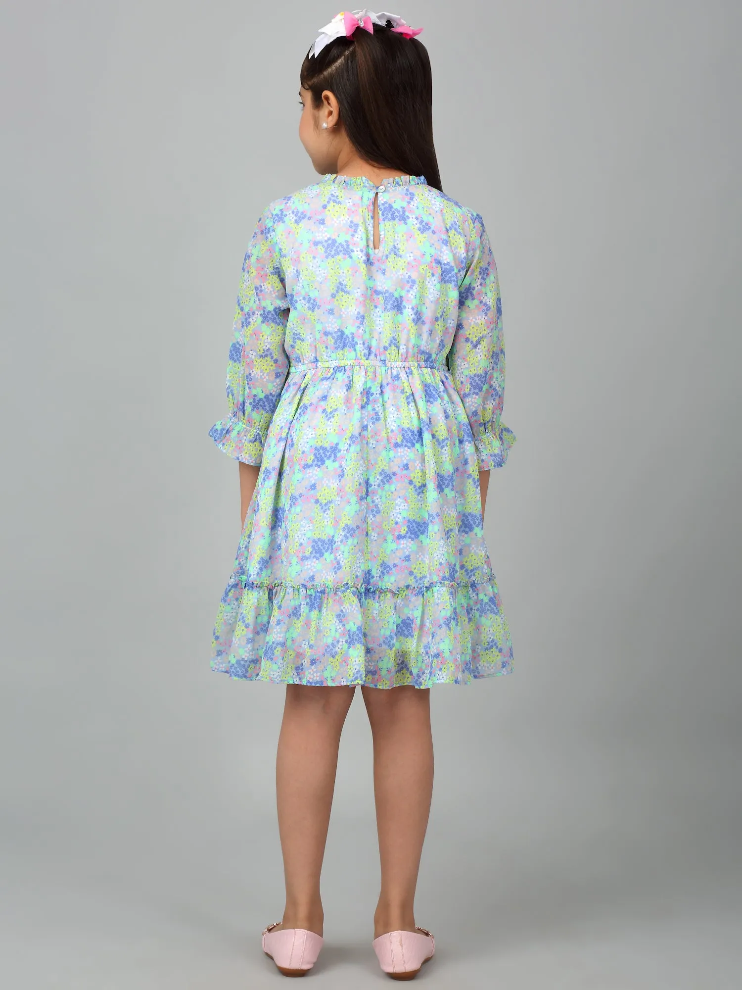 Girls Blue 3/4th Sleeves Floral Print Dress