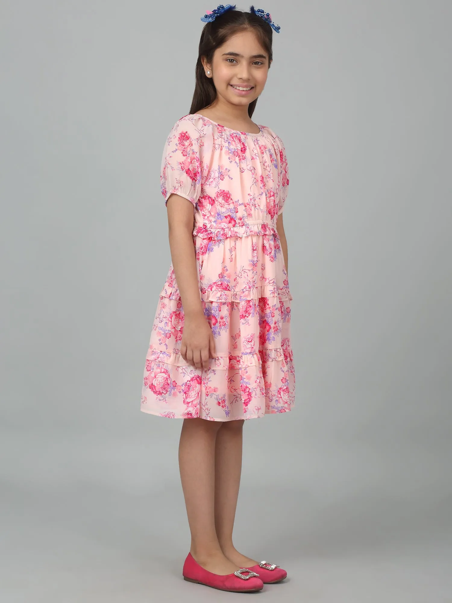 Girl's Pink Half Sleeves Floral Print Dress