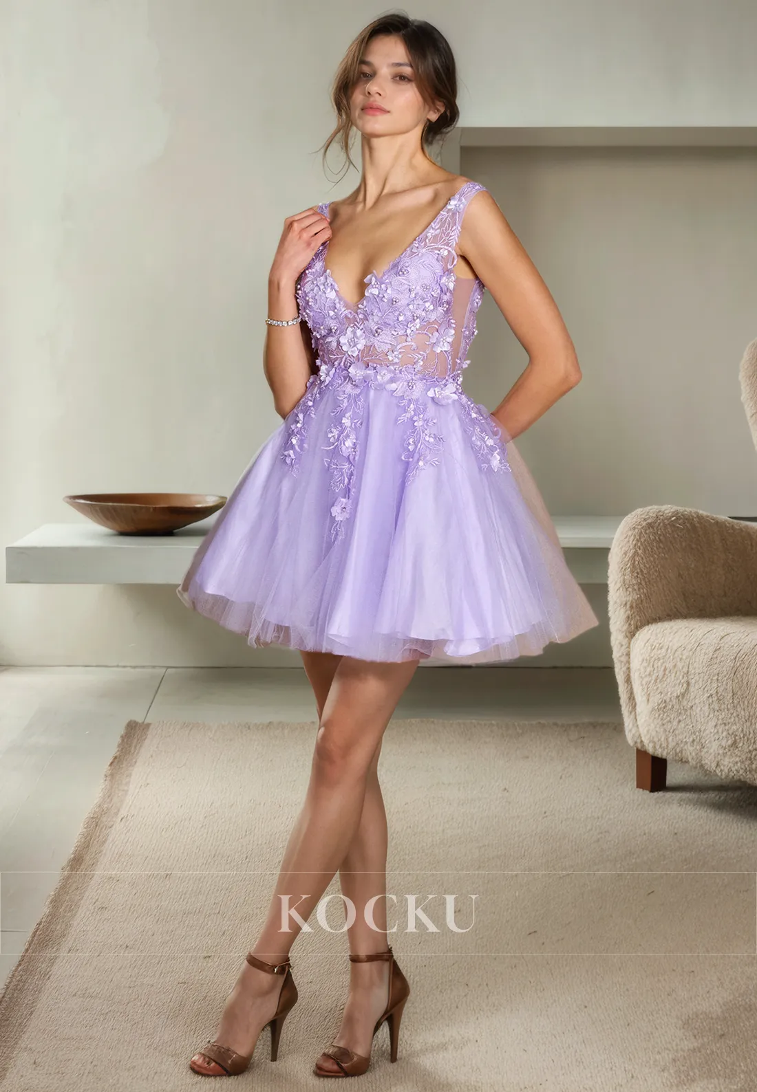 Gorgeous & Charming V-Neck Straps Appliques A-Line Party Homecoming Dress