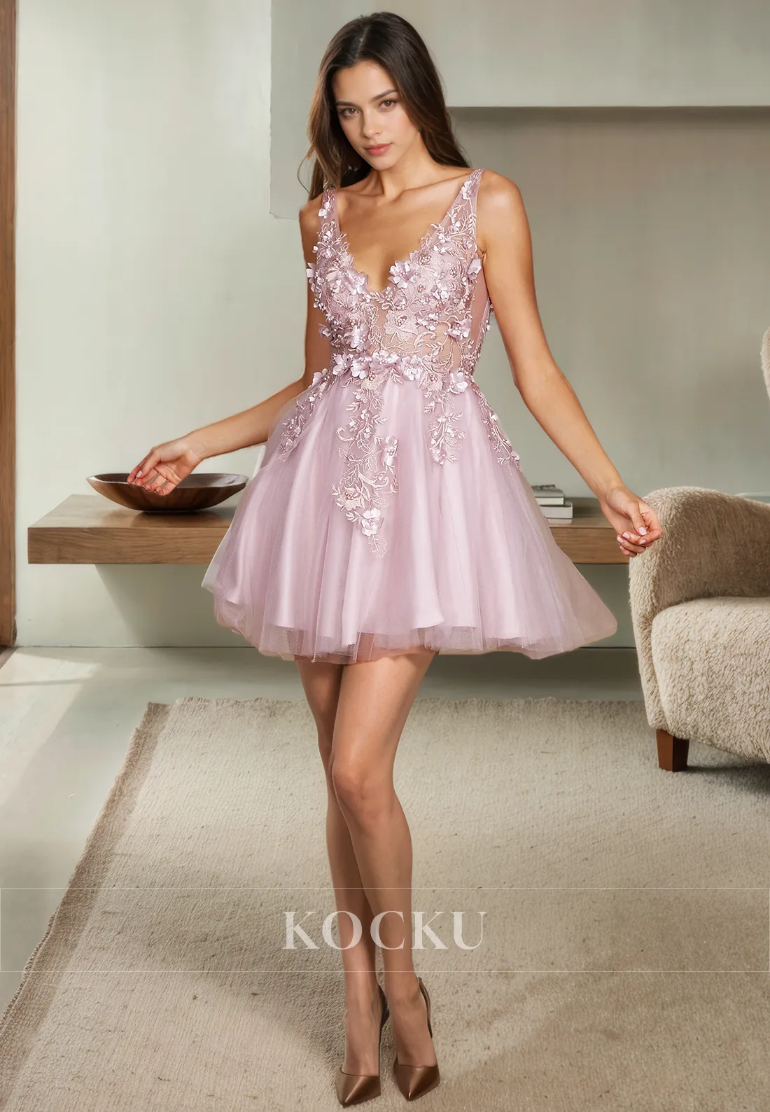 Gorgeous & Charming V-Neck Straps Appliques A-Line Party Homecoming Dress