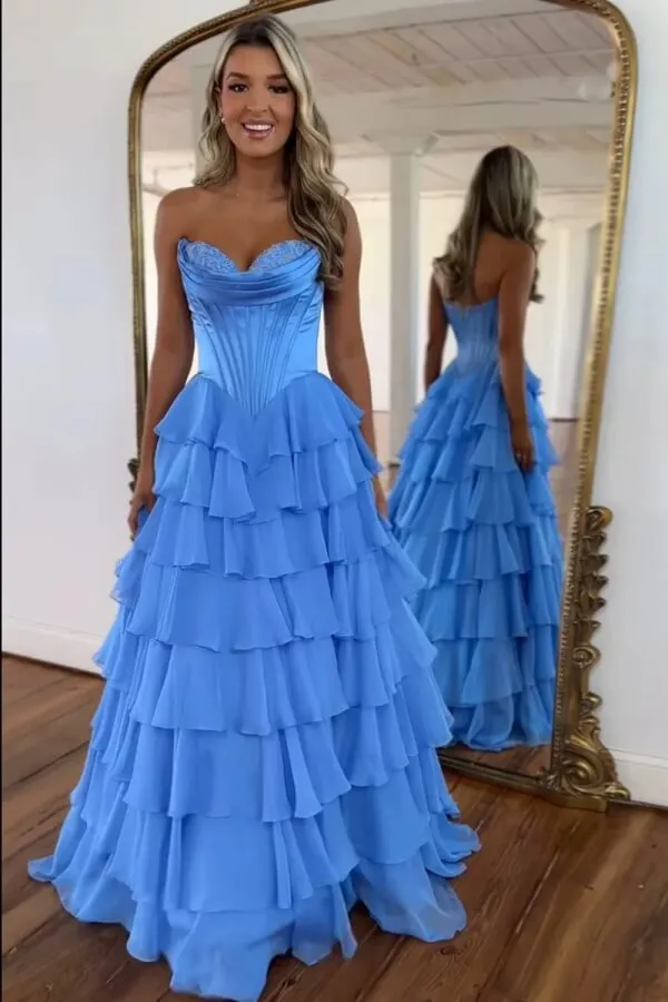 Gorgeous Blue Chiffon A-line Sweetheart Tiered Long Prom Dresses, SLP038