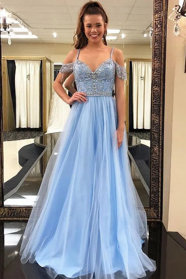 Gorgeous Blue Tulle A Line Puffy Beaded Long Prom Dress, Graduation Dress, SP623