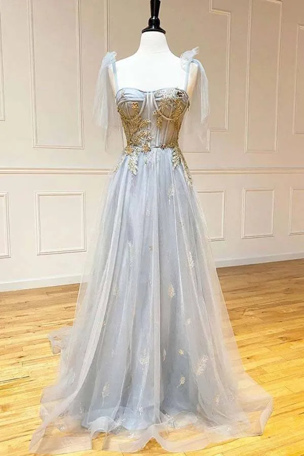 Grey Tulle Lace A-line Lace up Back Long Prom Dresses, Evening Dresses, SP803