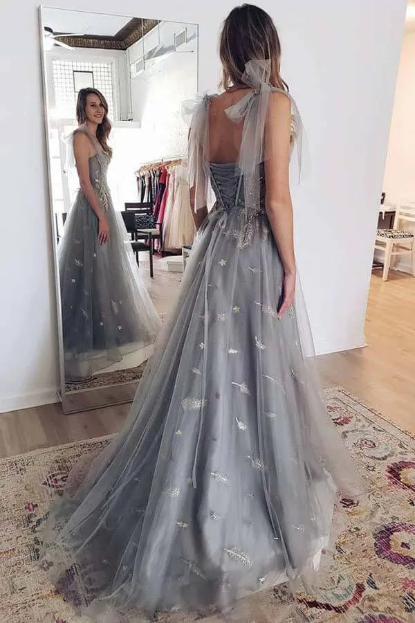 Grey Tulle Lace A-line Lace up Back Long Prom Dresses, Evening Dresses, SP803