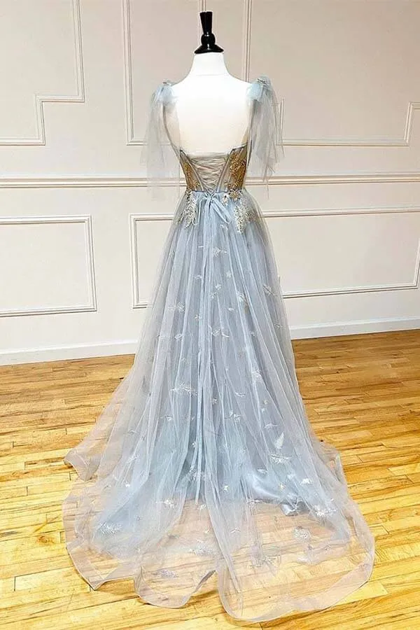 Grey Tulle Lace A-line Lace up Back Long Prom Dresses, Evening Dresses, SP803