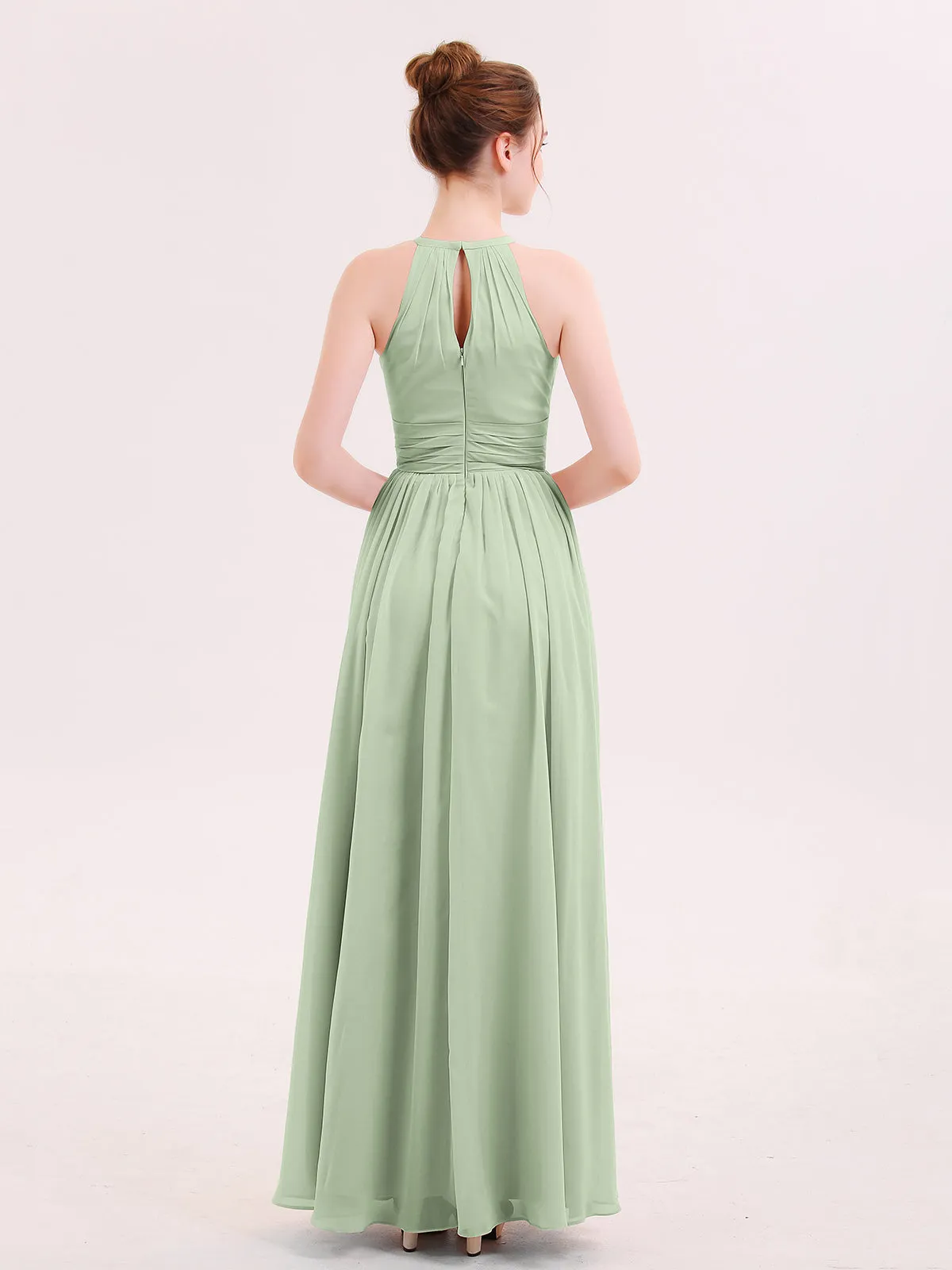 Halter Long Chiffon Dress of Bridesmaids Dusty Sage Plus Size