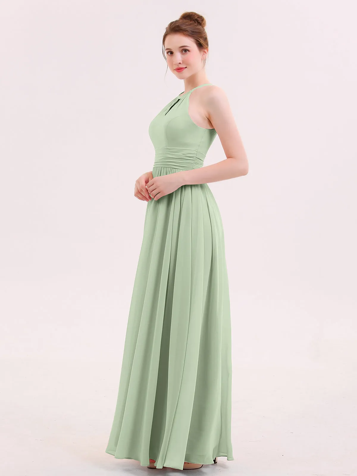 Halter Long Chiffon Dress of Bridesmaids Dusty Sage Plus Size