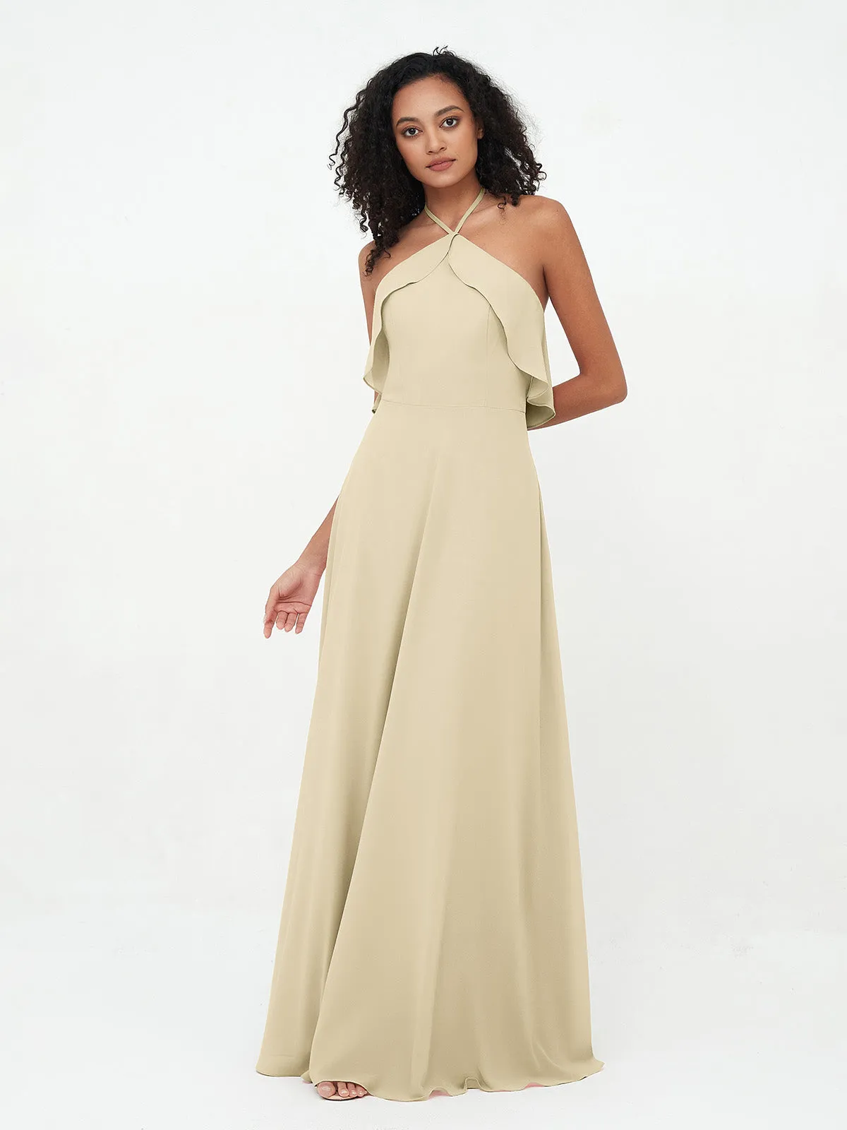 Halter Strap Chiffon Long Bridesmaid Dresses Champagne