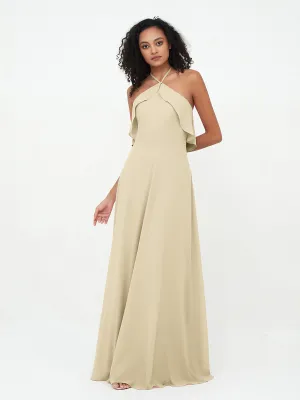 Halter Strap Chiffon Long Bridesmaid Dresses Champagne