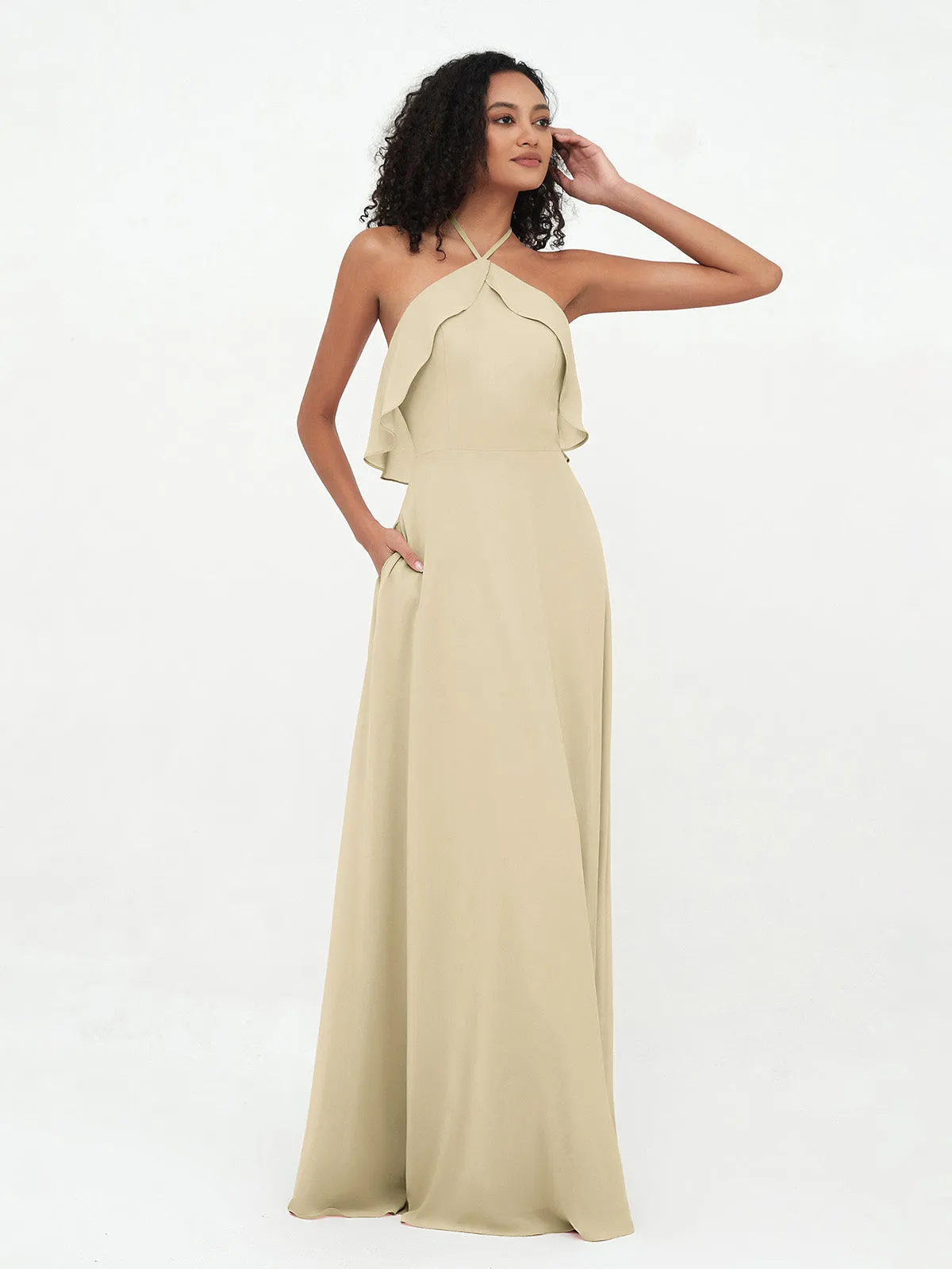 Halter Strap Chiffon Long Bridesmaid Dresses Champagne