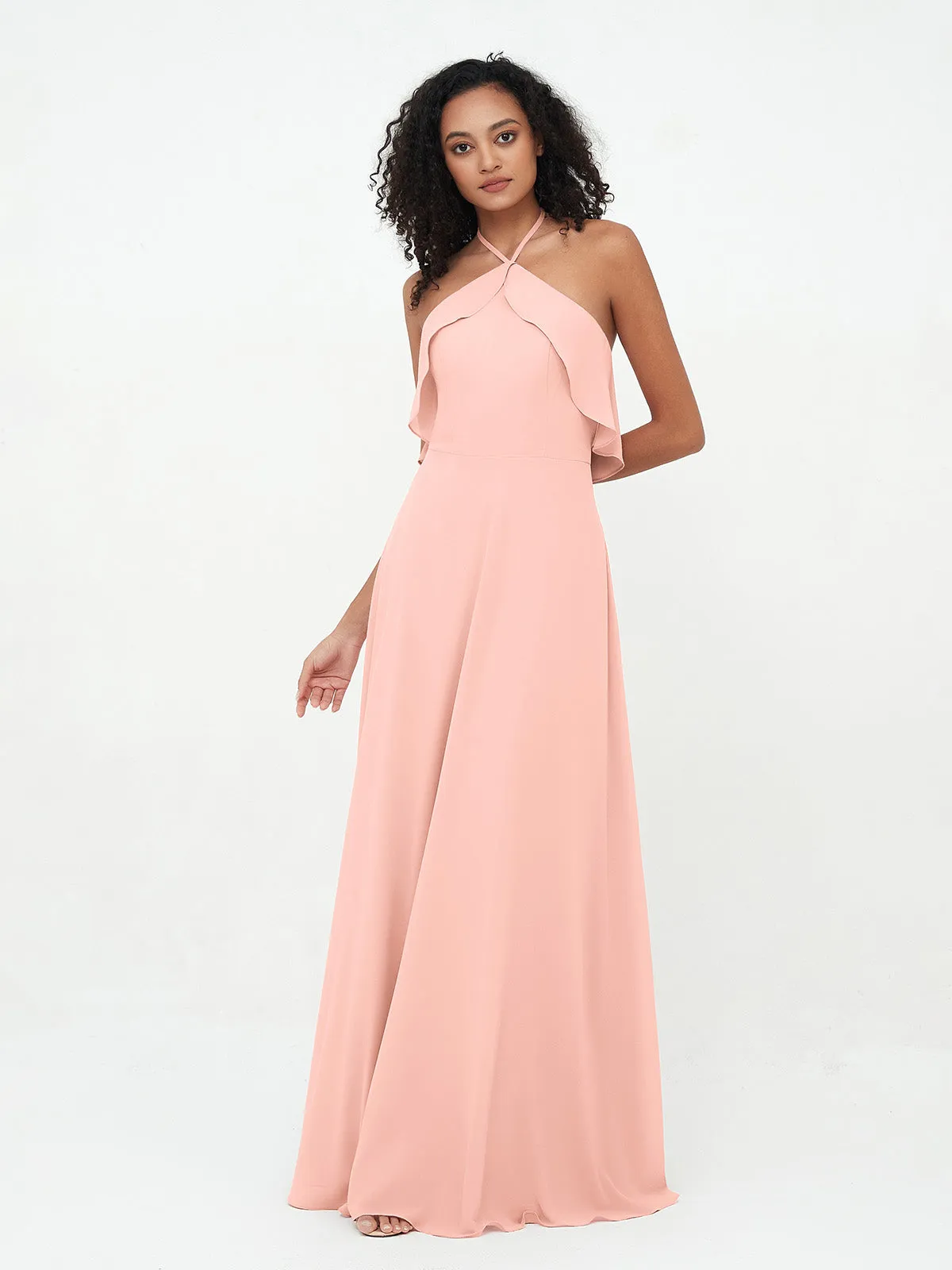 Halter Strap Chiffon Long Bridesmaid Dresses Coral