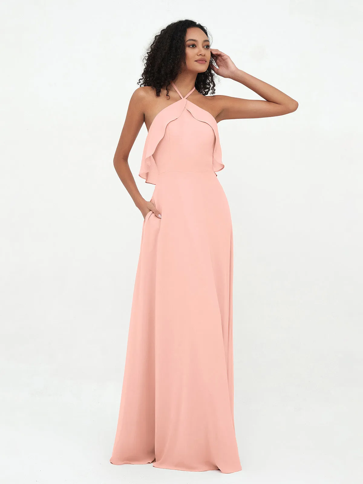 Halter Strap Chiffon Long Bridesmaid Dresses Coral