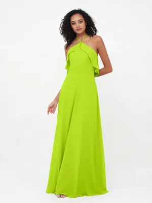 Halter Strap Chiffon Long Bridesmaid Dresses Lime Green