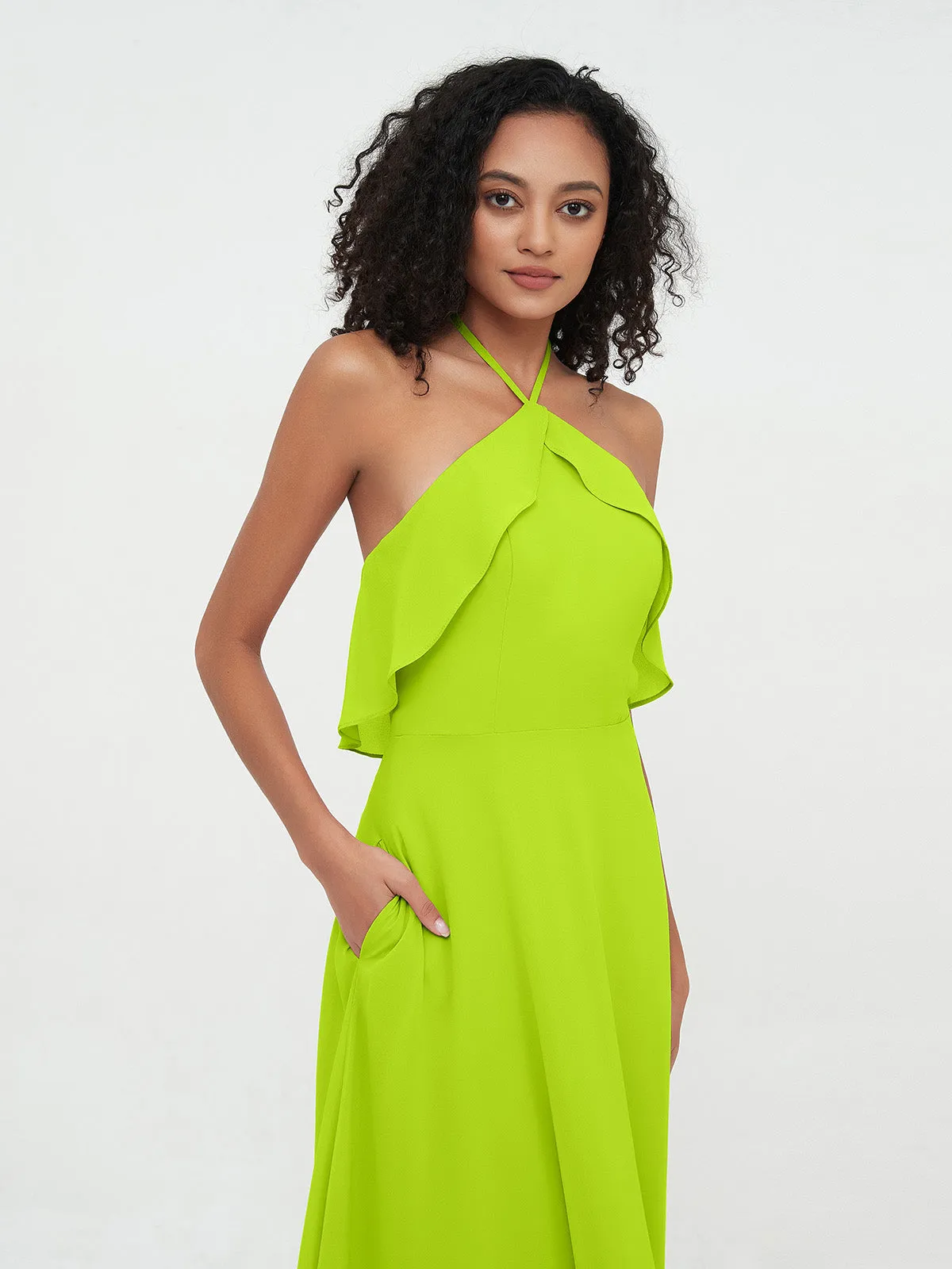 Halter Strap Chiffon Long Bridesmaid Dresses Lime Green