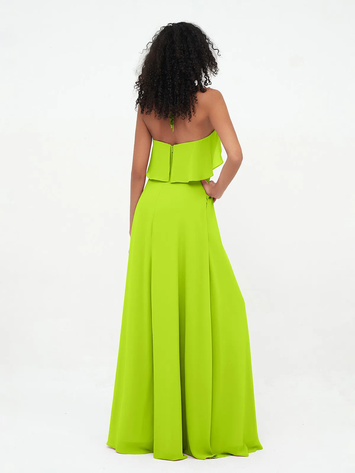 Halter Strap Chiffon Long Bridesmaid Dresses Lime Green