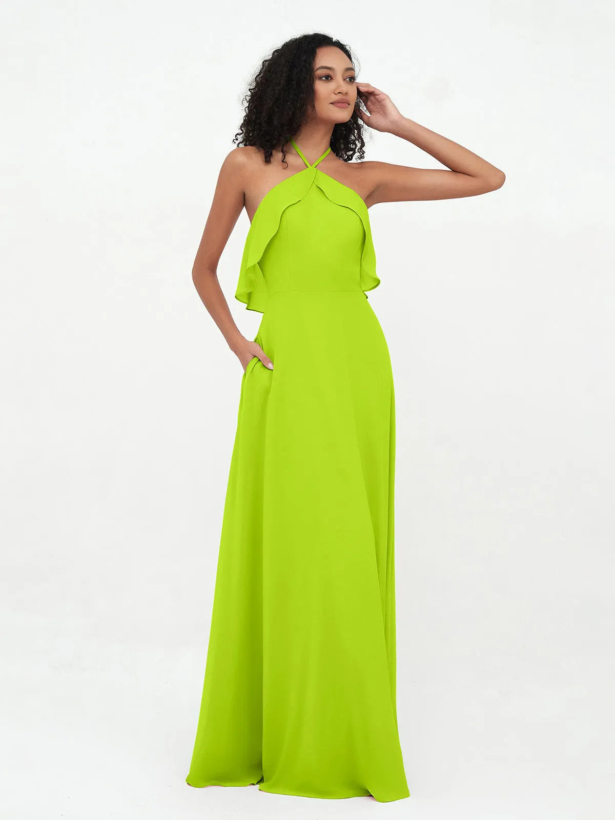 Halter Strap Chiffon Long Bridesmaid Dresses Lime Green