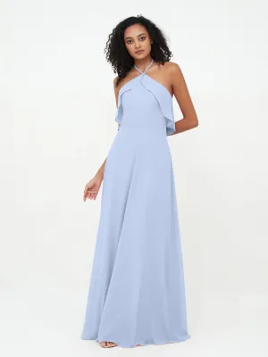 Halter Strap Chiffon Long Bridesmaid Dresses Sky Blue