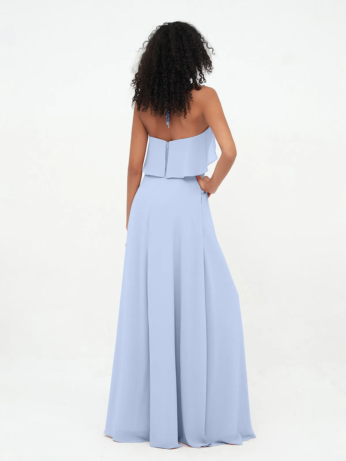 Halter Strap Chiffon Long Bridesmaid Dresses Sky Blue