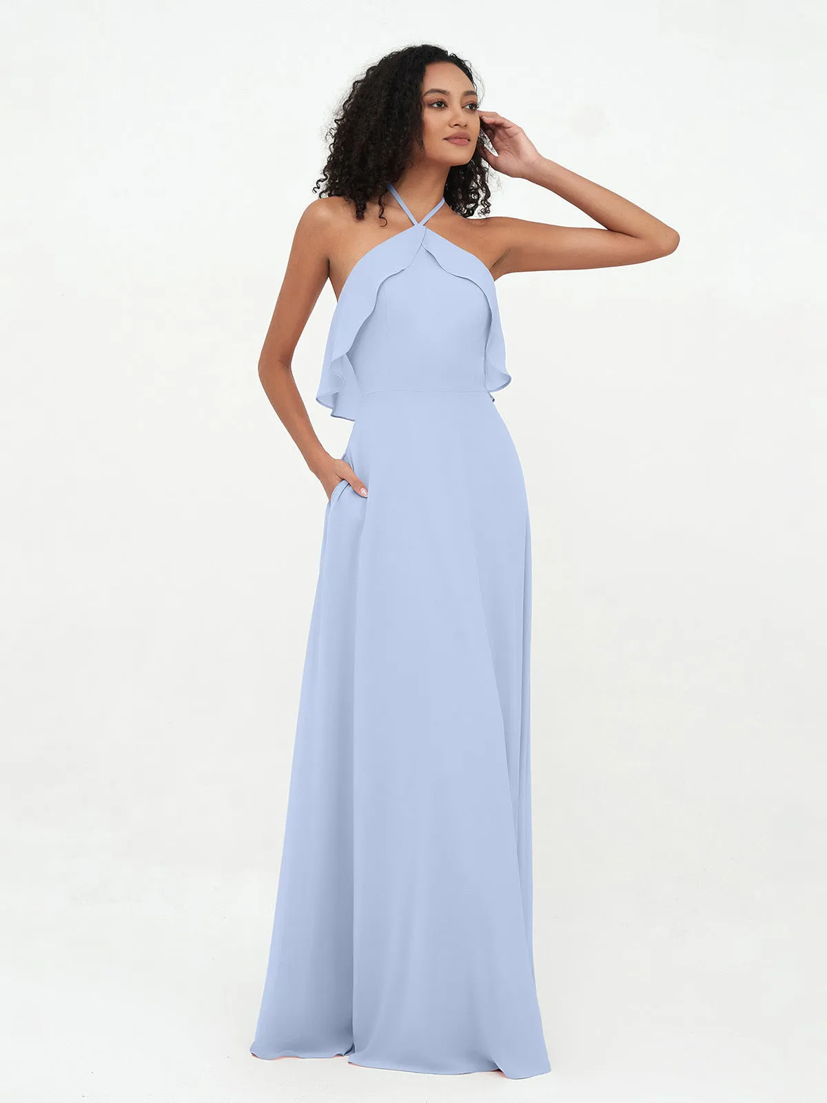 Halter Strap Chiffon Long Bridesmaid Dresses Sky Blue