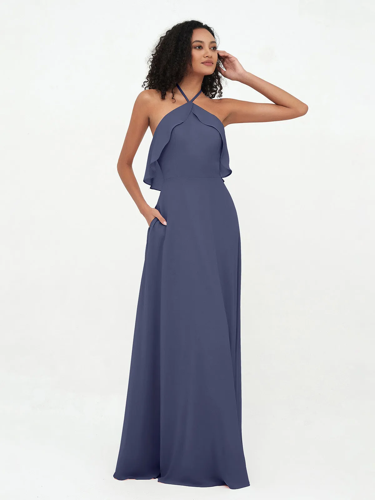 Halter Strap Chiffon Long Bridesmaid Dresses Stormy Plus Size