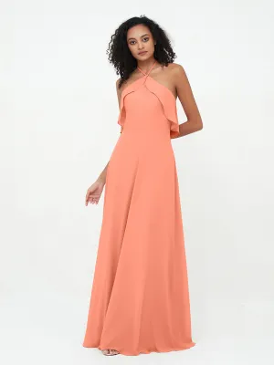 Halter Strap Chiffon Long Bridesmaid Dresses Sunset