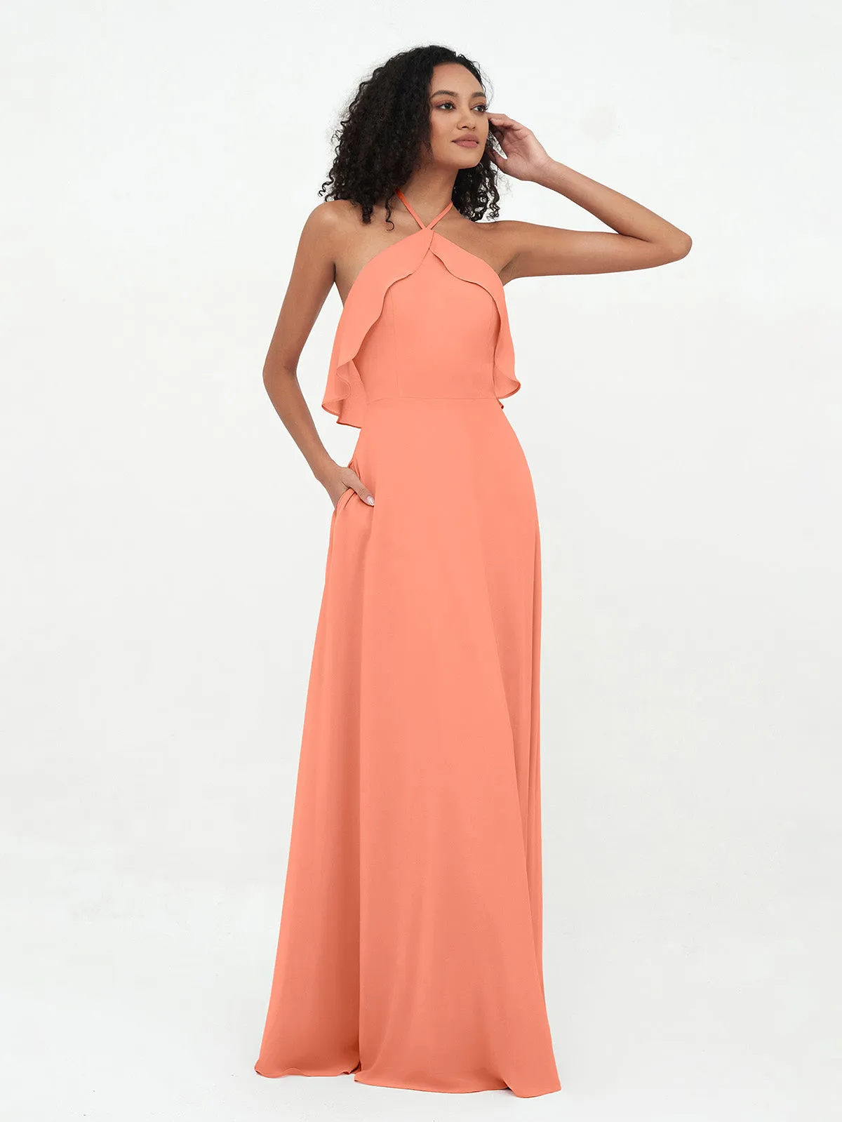 Halter Strap Chiffon Long Bridesmaid Dresses Sunset