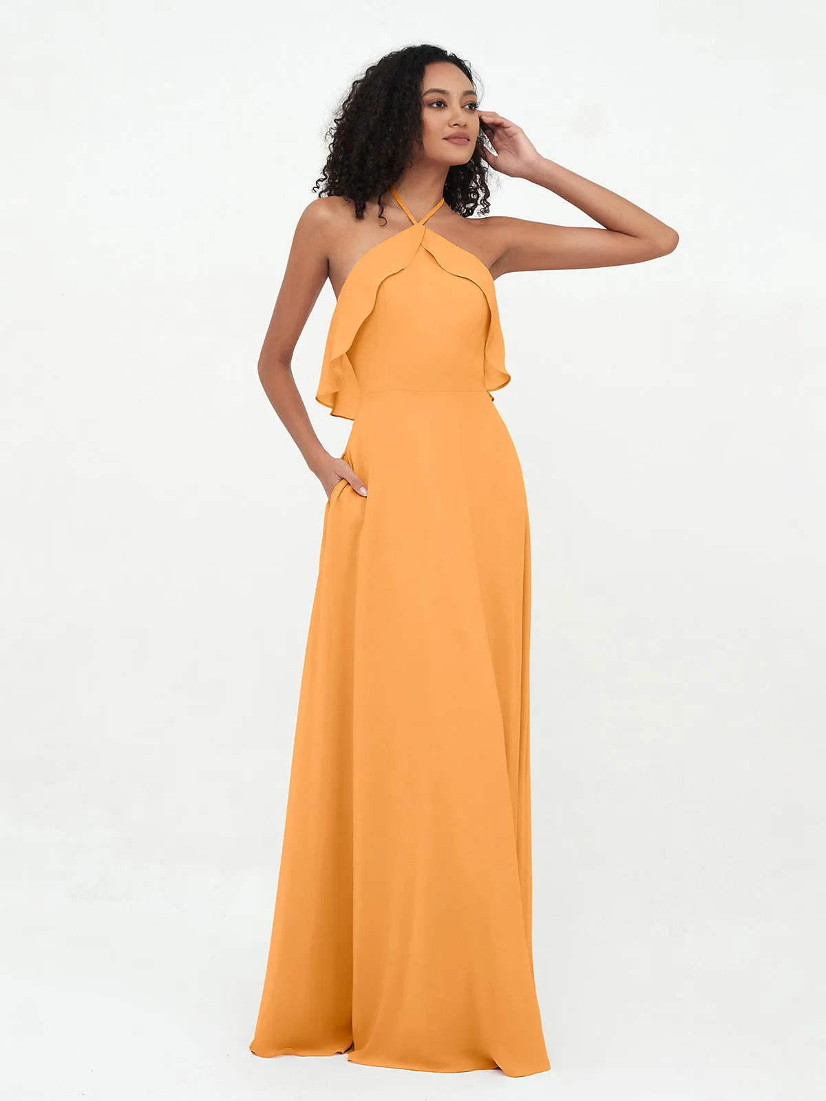 Halter Strap Chiffon Long Bridesmaid Dresses Tangerine Plus Size