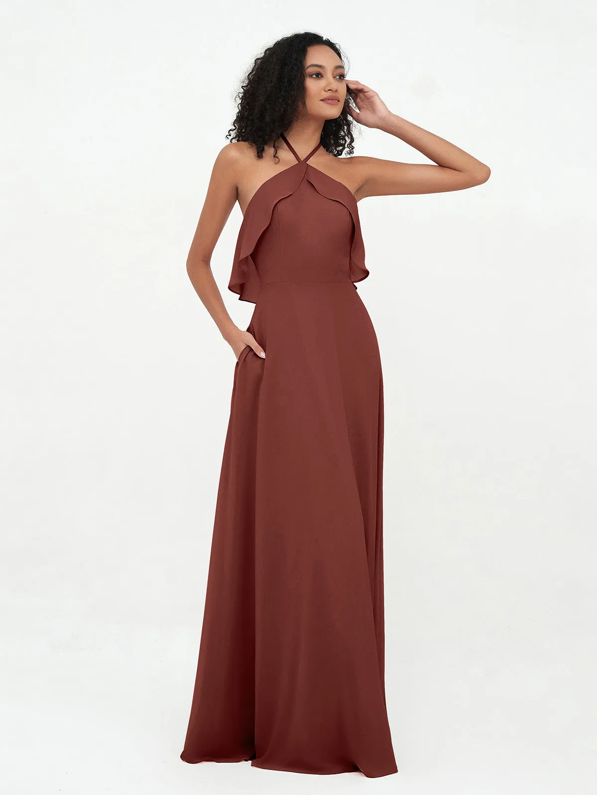 Halter Strap Chiffon Long Bridesmaid Dresses Terracotta