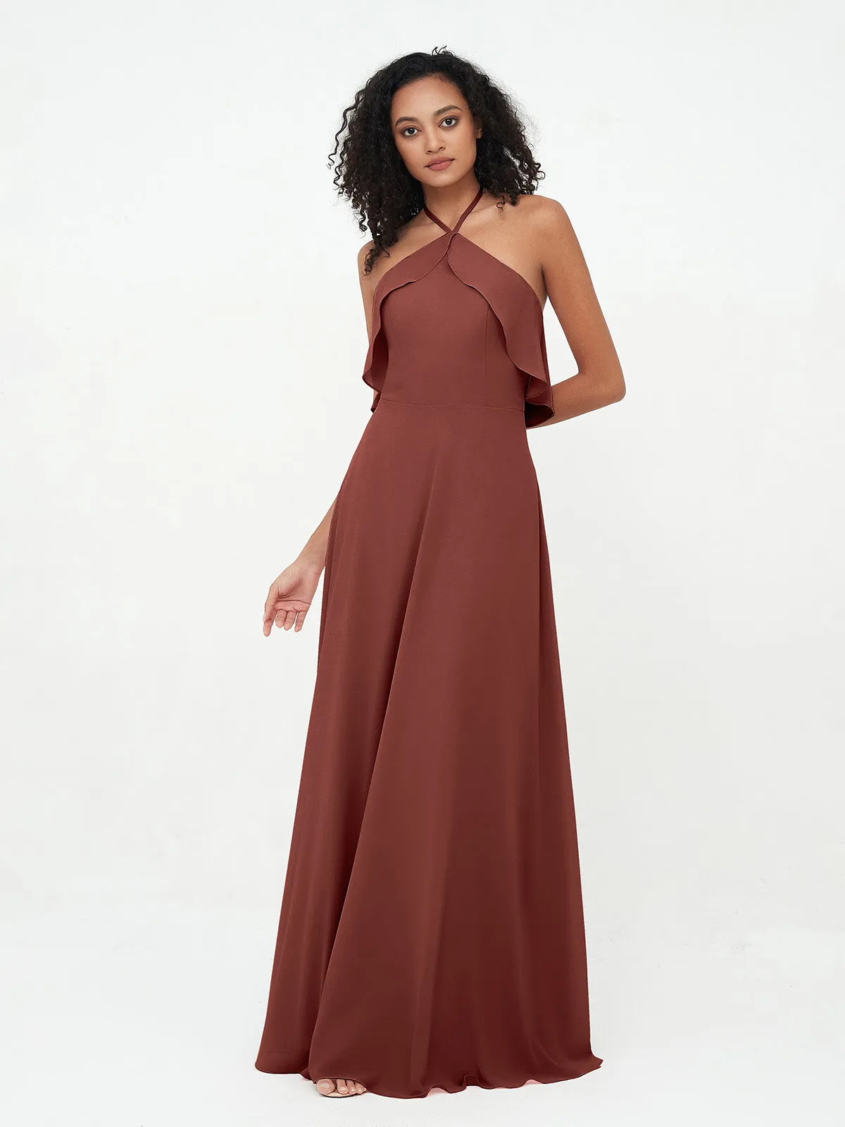 Halter Strap Chiffon Long Bridesmaid Dresses Terracotta