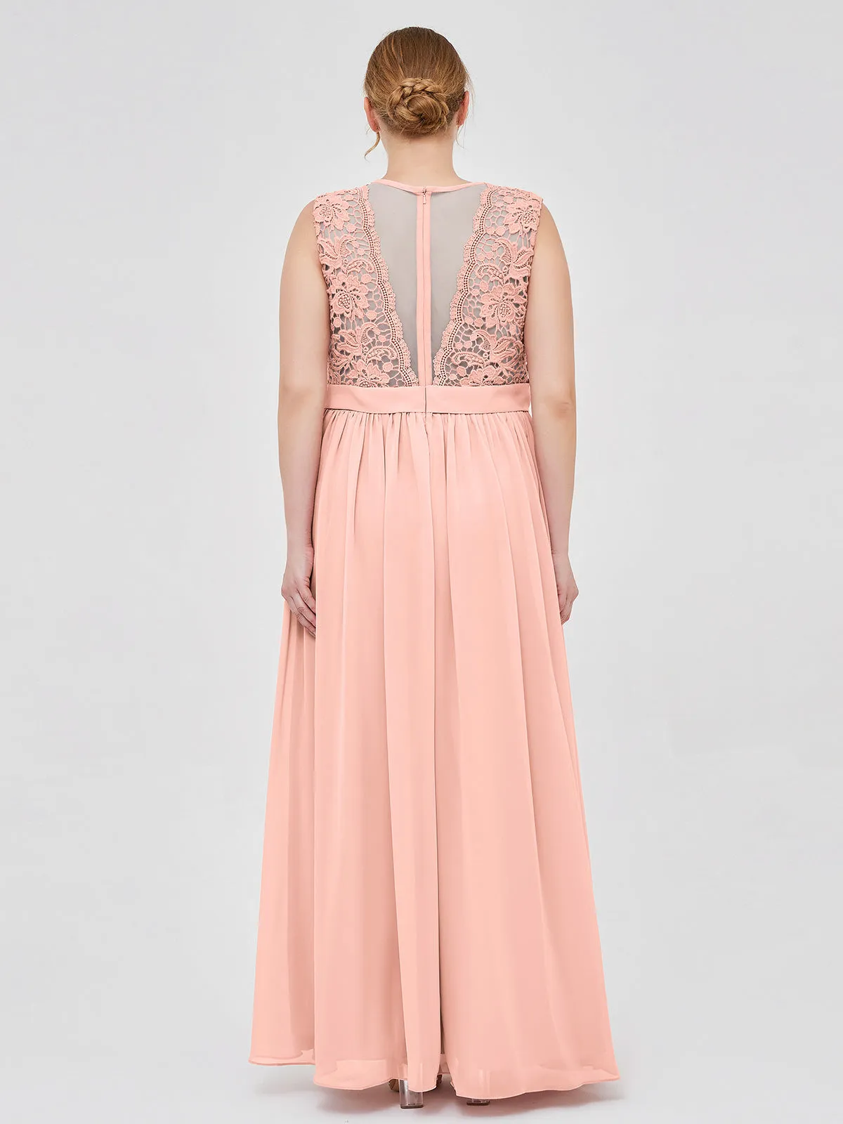 Illusion Neck Chiffon and Lace Dresses Coral