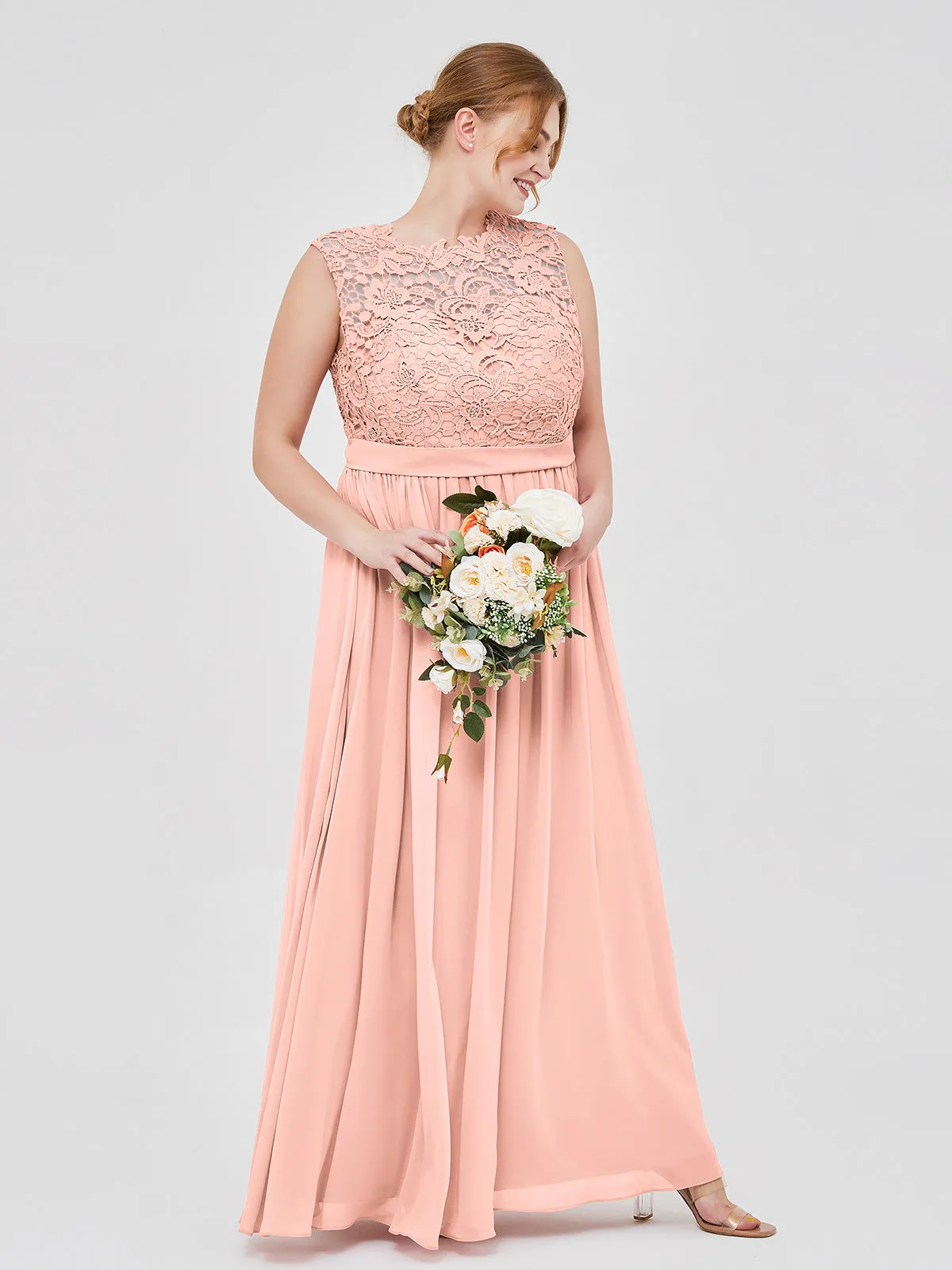 Illusion Neck Chiffon and Lace Dresses Coral